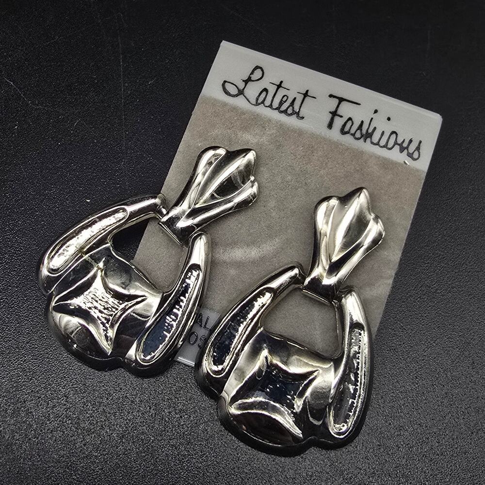 Silver Tone Door Knocker Earrings Pierced Vintage 1980s 1990s NOS NWT